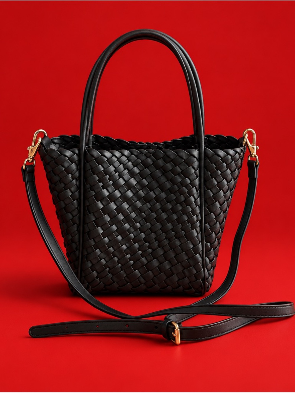 Mini Black Woven Tote Handbag with Detachable Strap